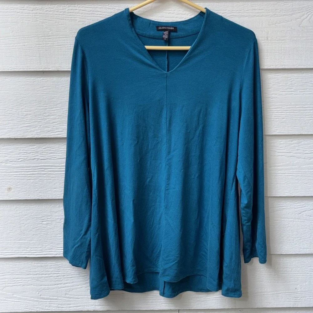Eileen Fisher Teal Long Sleeved Women's Tunic Shirt Size Large V-Neck Stretchy - Picture 1 of 5